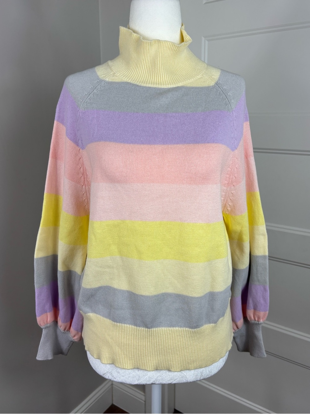 Paper London Pastel Striped Cotton Sweater with Bubble Sleeves Size S